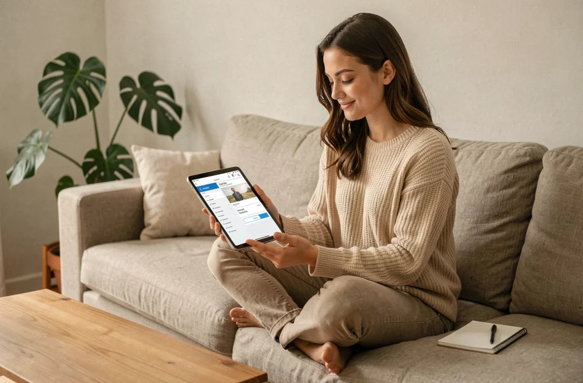 Jeune femme accédant à ses bulletins de paie via un portail en ligne sur une tablette depuis son salon