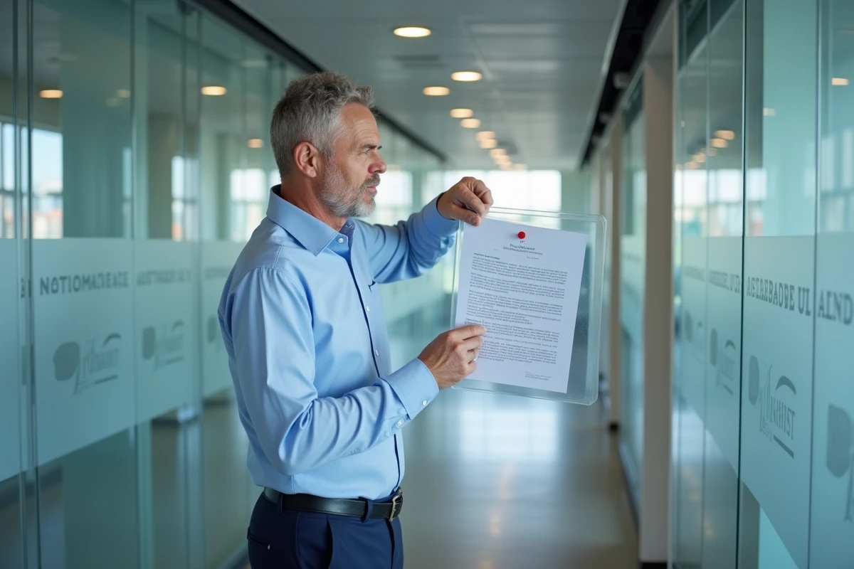 Représentant du CSE Dassault Aviation affichant des informations syndicales dans les locaux de Saint-Cloud