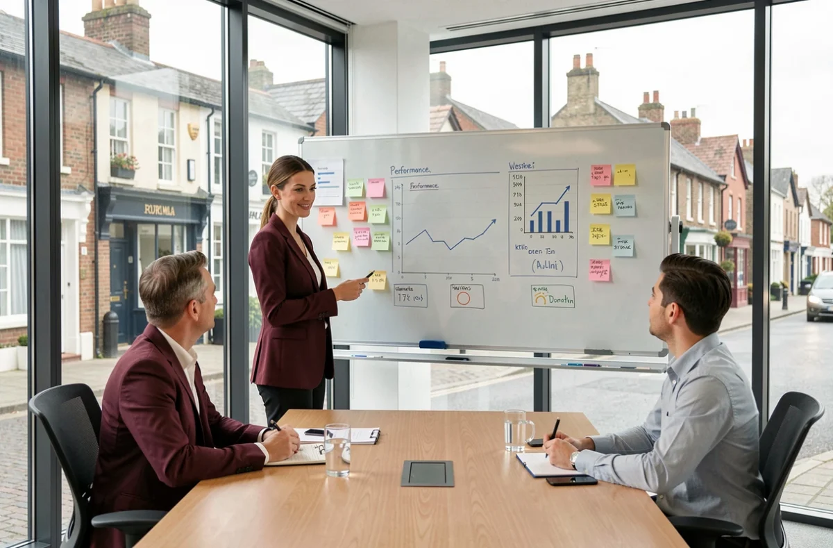 Équipe de l'agence NEWP analysant des indicateurs de performance web lors d'une réunion stratégique dans une salle moderne