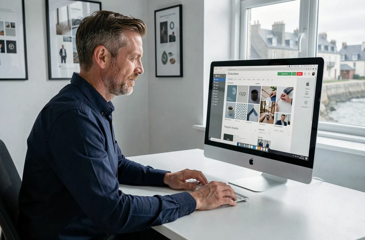 Designer web de l'agence Sodirect travaillant sur une identité de marque devant un écran iMac dans un bureau moderne