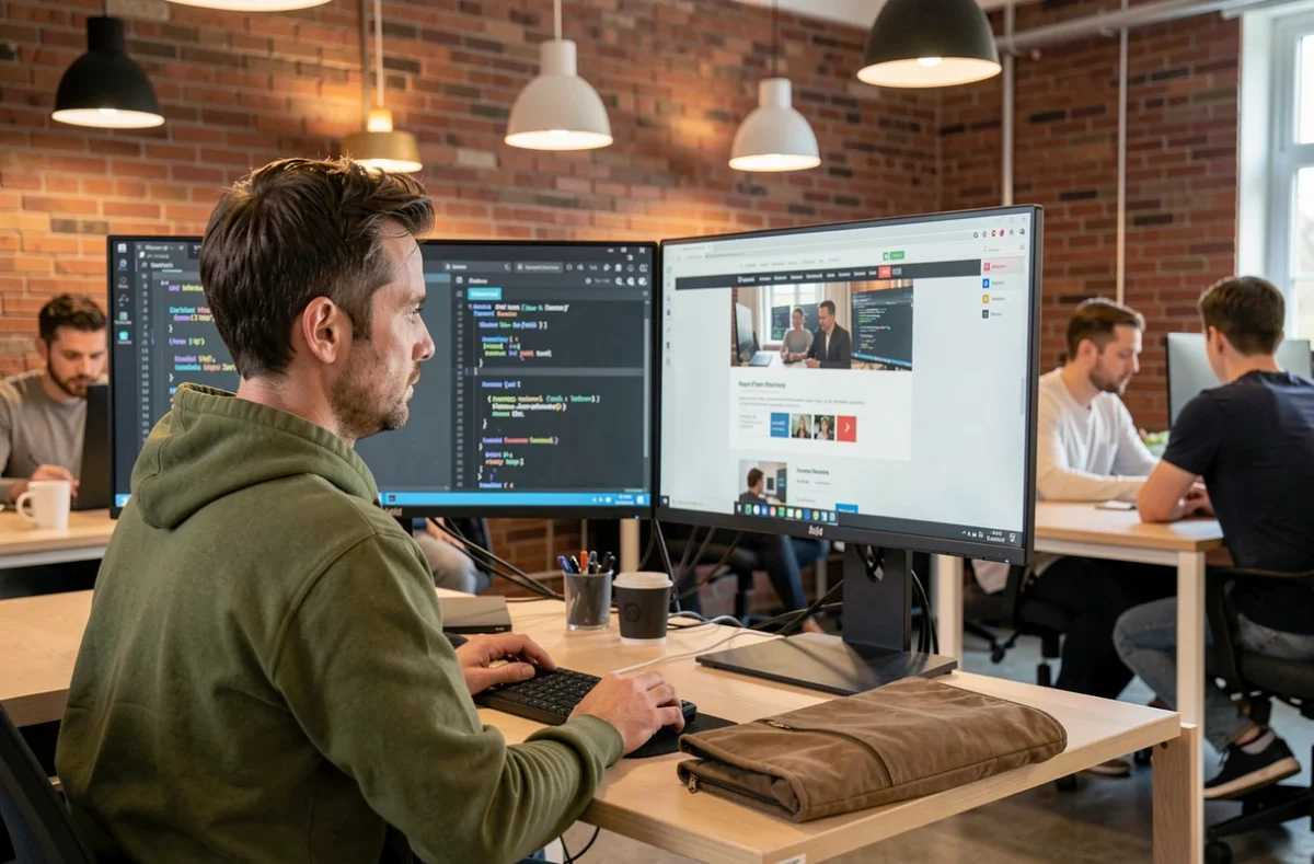 Développeur web de WebCom.Me codant un site internet sur deux écrans dans un espace de travail moderne