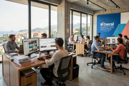 Vue d'ensemble d'une agence de marketing digital moderne dans les Alpes-Maritimes, avec des professionnels collaborant autour d'écrans affichant des données et stratégies numériques