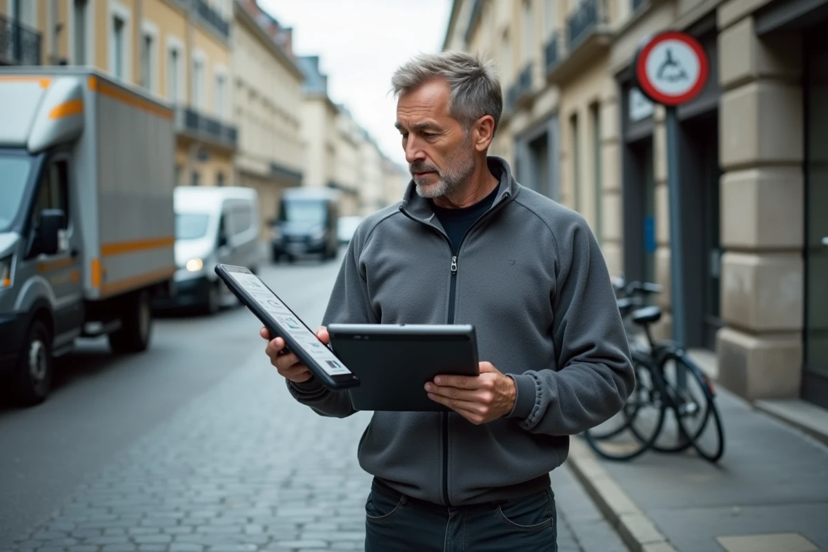 Agent municipal en mobilité terrain consultant Urbanweb sur tablette dans une rue de ville française
