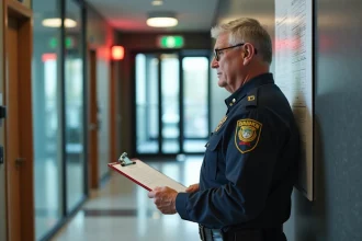 Agent de sécurité incendie vérifiant la conformité dans un bureau