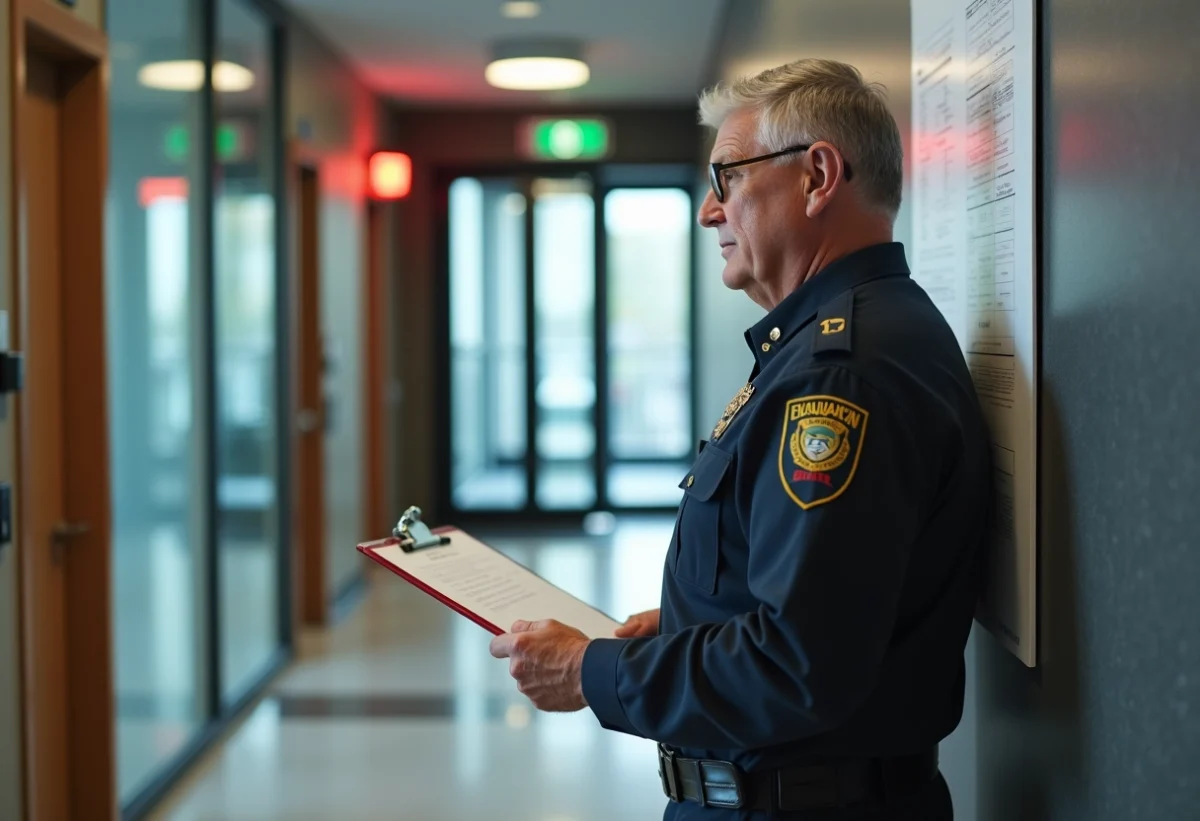 Agent de sécurité incendie vérifiant la conformité dans un bureau