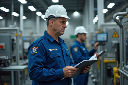 Agent de securite en uniforme inspectant une machine industrielle