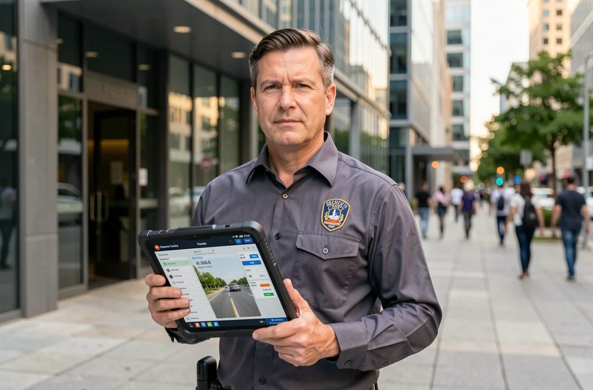 Agent de sécurité sur le terrain consultant les données d'activité sur une tablette via un portail de suivi sécurisé