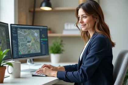 Agent en télétravail utilisant le logiciel Urbanweb sur deux écrans dans un bureau à domicile moderne