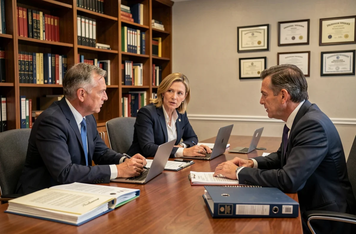 Équipe d'avocats du cabinet AHBL Avocats réunis autour d'une table de conférence avec classeurs juridiques et ordinateurs