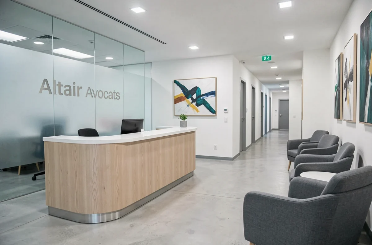Réception moderne du cabinet Altair Avocats avec bureau d'accueil en bois clair et éléments de branding sur vitre givré