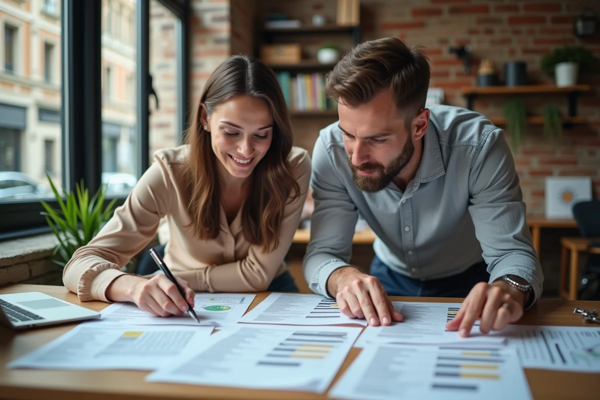 Deux jeunes professionnels du droit analysant ensemble des offres de bourses emploi notaires imprimées sur un bureau en coworking