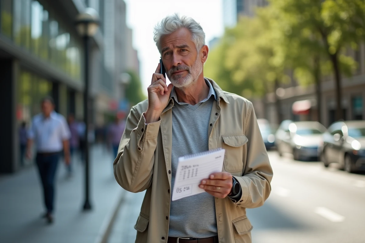 Apporteur d'affaires indépendant téléphonant dans la rue et consultant ses notes de commissions avant déclaration en micro-entreprise