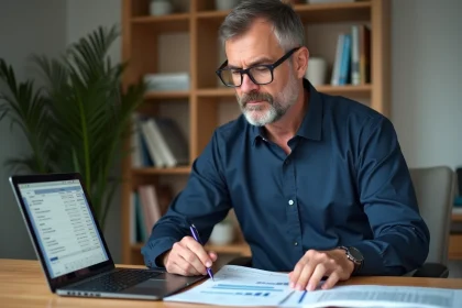 Apporteur d'affaires particulier analysant des documents financiers et un tableau Excel sur un bureau en bois pour calculer son seuil de micro-entreprise