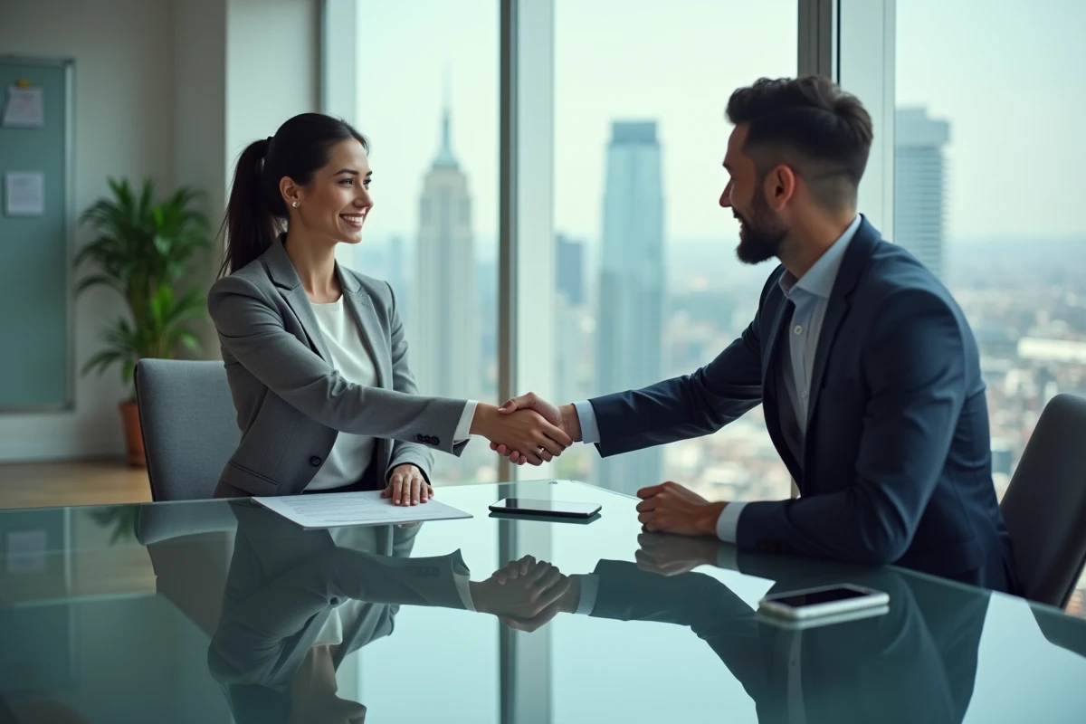 Femme apporteuse d'affaires signant un accord commercial avec un partenaire dans une salle de réunion moderne, illustrant une commission d'apport d'affaires