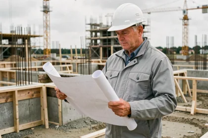 Architecte examinant des plans sur un chantier de construction neuve avec fondations en béton