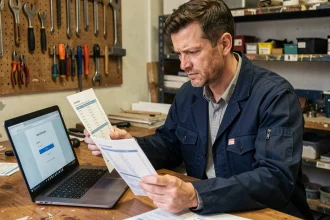 Artisan assis à son bureau consultant une check-list avant de se connecter à la plateforme Artisan-en-1-clic.fr