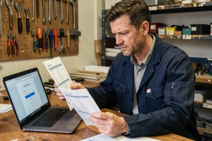 Artisan assis à son bureau consultant une check-list avant de se connecter à la plateforme Artisan-en-1-clic.fr