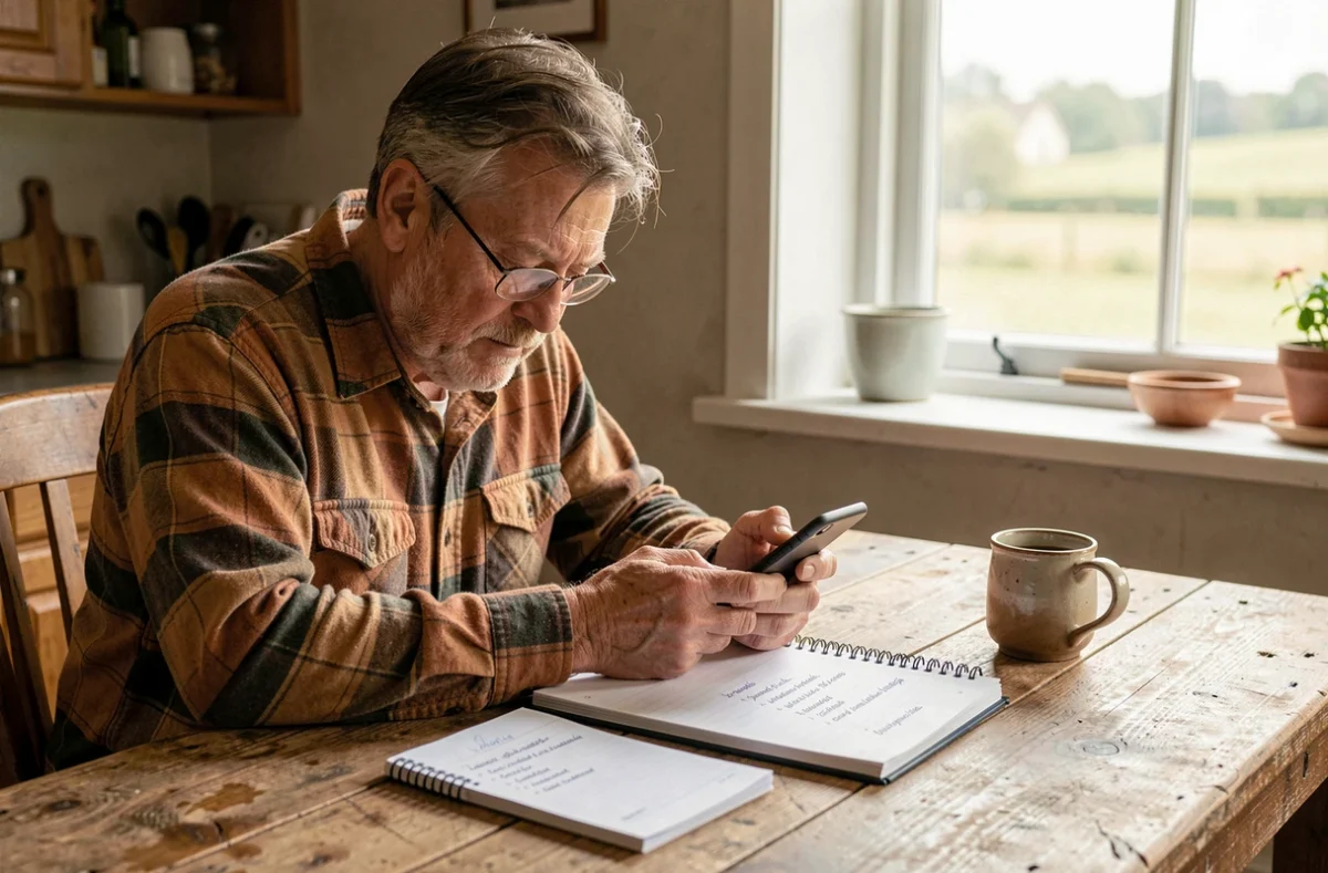 Artisan senior à domicile vérifiant ses identifiants de connexion sur smartphone avec une check-list manuscrite avant de contacter le support