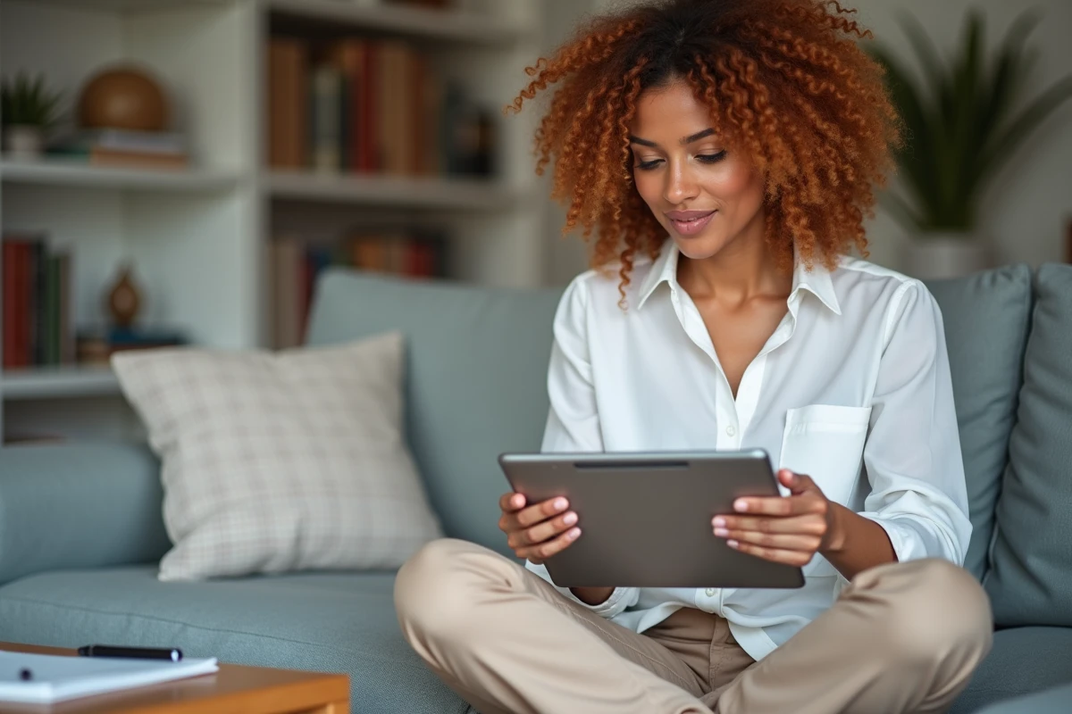 Auto-entrepreneuse enregistrant son activité sur le site Urssaf depuis sa tablette à domicile