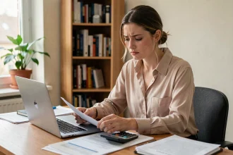 Jeune auto-entrepreneuse consultant des documents administratifs liés à la fin de la première année d'ACRE sur son bureau à domicile
