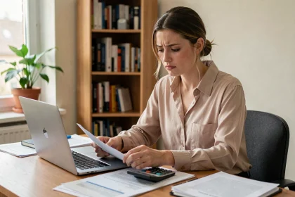 Jeune auto-entrepreneuse consultant des documents administratifs liés à la fin de la première année d'ACRE sur son bureau à domicile
