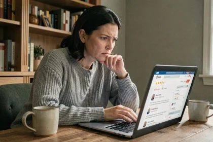 Femme inquiète lisant des avis clients négatifs sur un site d'évaluation depuis son bureau à domicile