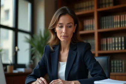 Avocate analysant des documents juridiques relatifs à la convention collective 66 et aux congés trimestriels dans un cabinet de droit
