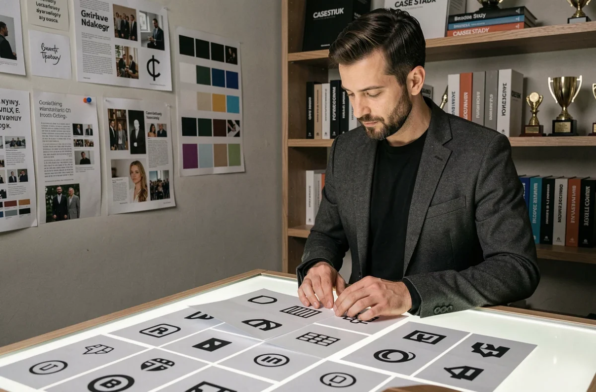 Directeur créatif de l'agence BHB examinant des maquettes de brand identity et de stratégie de marque sur une table lumineuse dans un studio créatif