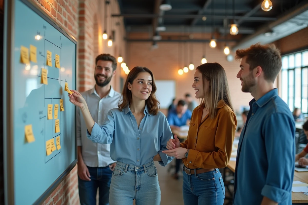 Équipe de jeunes professionnels en séance de brainstorming autour d'un tableau blanc sur la personnalisation et l'expérimentation dans un espace de coworking