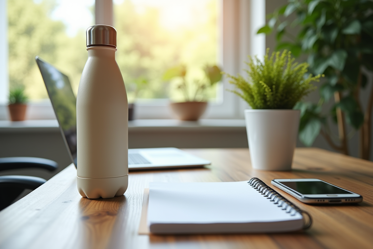 Bureau avec bouteille réutilisable et plante naturelle