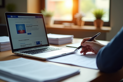 Bureau organisé avec documents officiels français et ordinateur