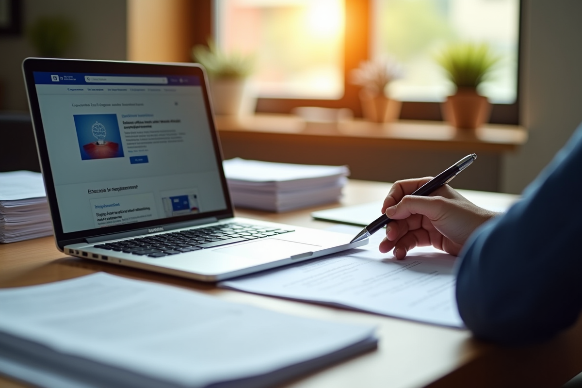 Bureau organisé avec documents officiels français et ordinateur