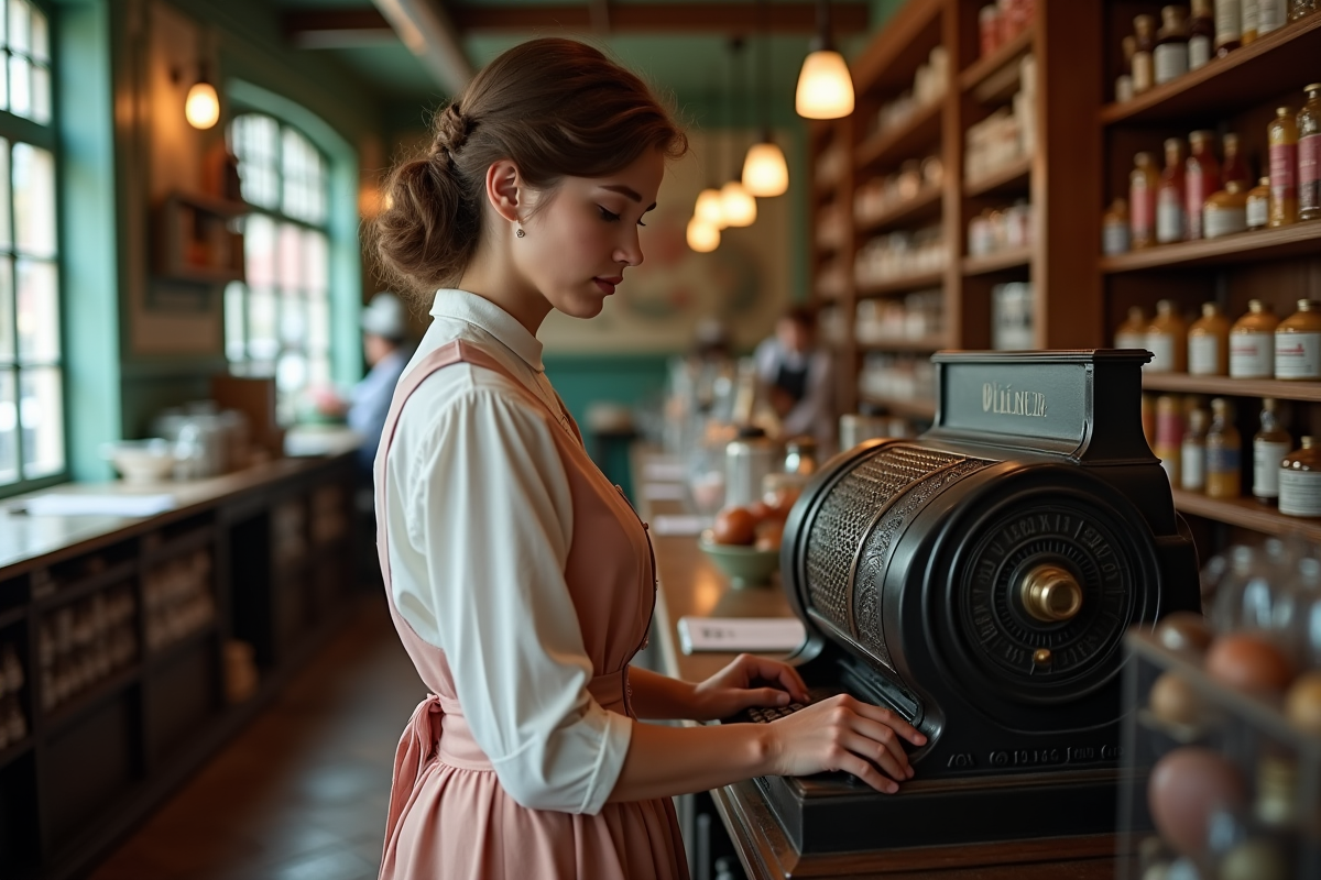 Jeune caissière dans une boutique vintage avec caisse ancienne
