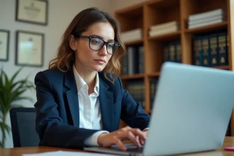 Femme professionnelle consultant une offre d'emploi de notaire sur son ordinateur portable dans un bureau juridique élégant