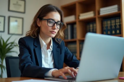 Femme professionnelle consultant une offre d'emploi de notaire sur son ordinateur portable dans un bureau juridique élégant