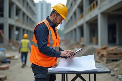 Chef de chantier BTP analysant des plans et une tablette sur un chantier de construction actif pour optimiser la gestion et les marges