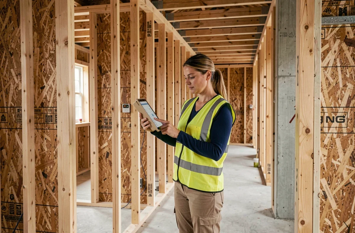 Cheffe de projet construction utilisant une tablette numérique dans une structure résidentielle neuve en bois
