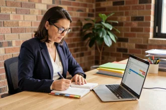 Cheffe de TPE organisant son planning hebdomadaire dans un agenda papier devant un ordinateur portable