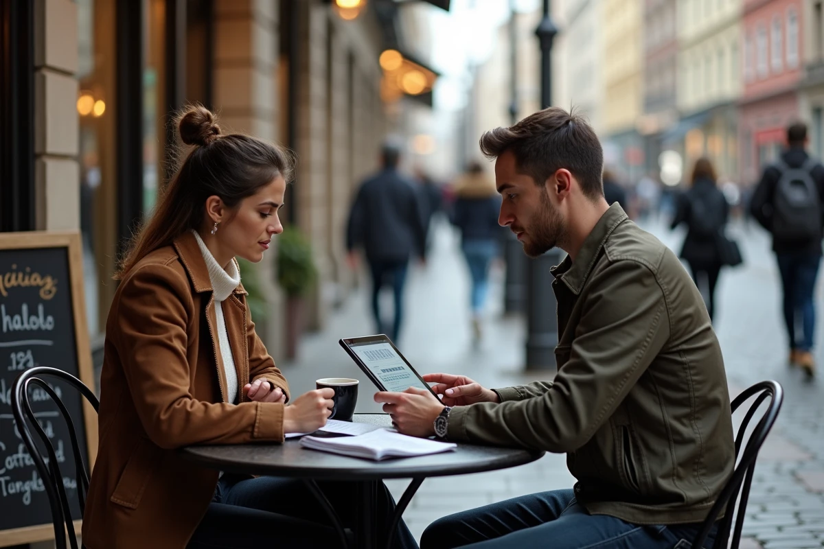 Deux cofondateurs d'entreprise travaillant ensemble sur une tablette dans un café en terrasse urbaine