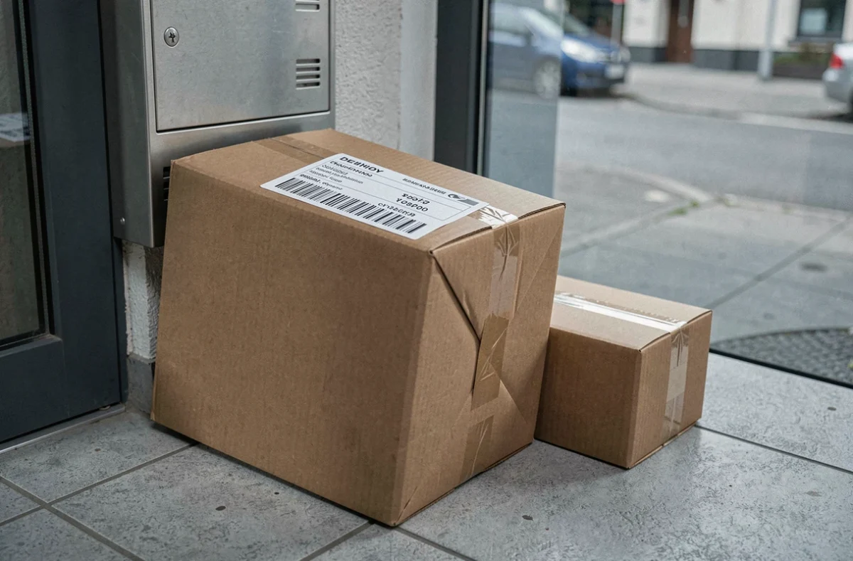 Colis non livré abandonné devant une porte d'entrée d'immeuble avec étiquette de livraison visible