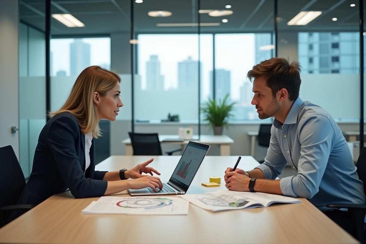 Deux agents administratifs collaborant sur la plateforme Urbanweb dans un open space de service public moderne