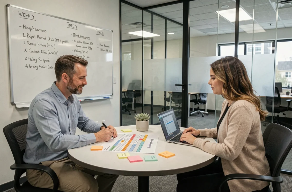 Deux collaborateurs de PME discutant d'un planning structuré autour d'un tableau de bord imprimé en salle de réunion
