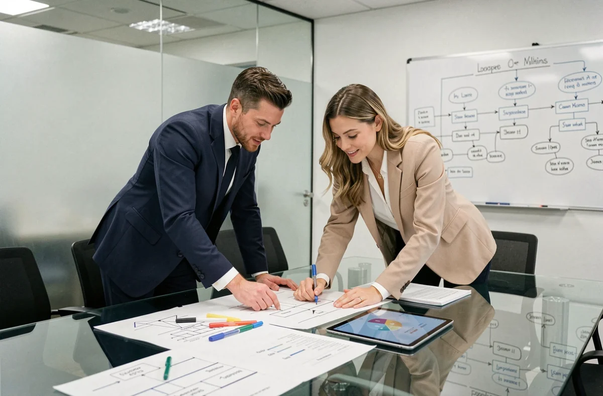 Deux professionnels collaborant autour de frameworks stratégiques pour structurer un projet d'entreprise en salle de réunion