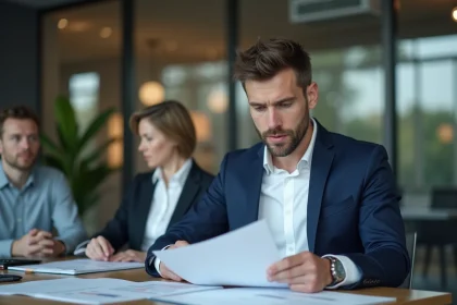 Commercial B2B en costume navy analysant des documents lors d'une réunion professionnelle dans un bureau moderne