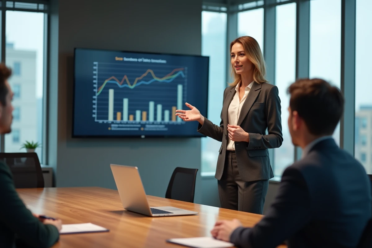 Commerciale B2B présentant des données de vente à des clients en salle de réunion d'entreprise