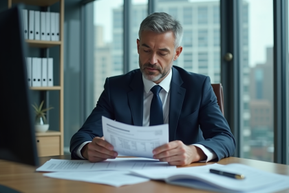 Homme comptable en costume scrutinant des documents financiers
