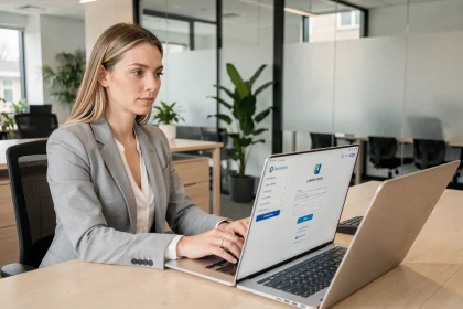 Femme professionnelle connectée à l'extranet Azaé sur un ordinateur portable dans un bureau moderne