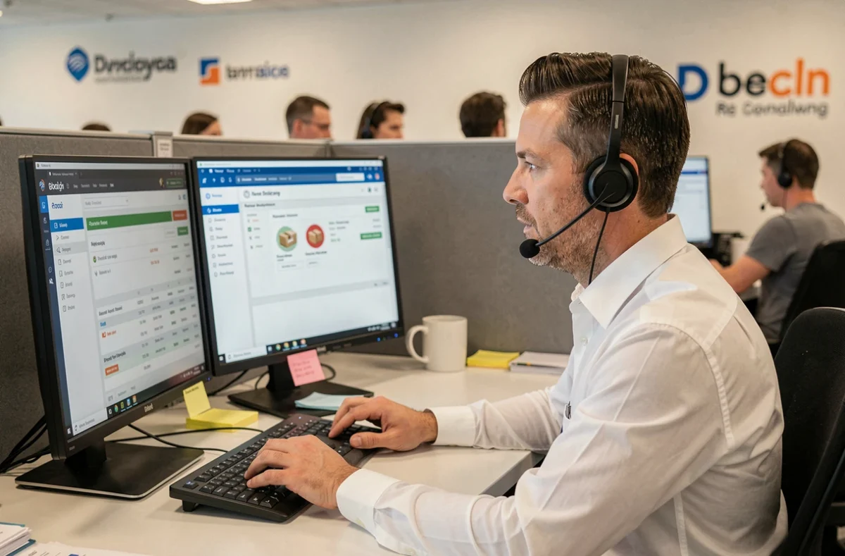 Conseiller du service client en ligne consultant un logiciel de suivi de colis dans un centre d'appels moderne