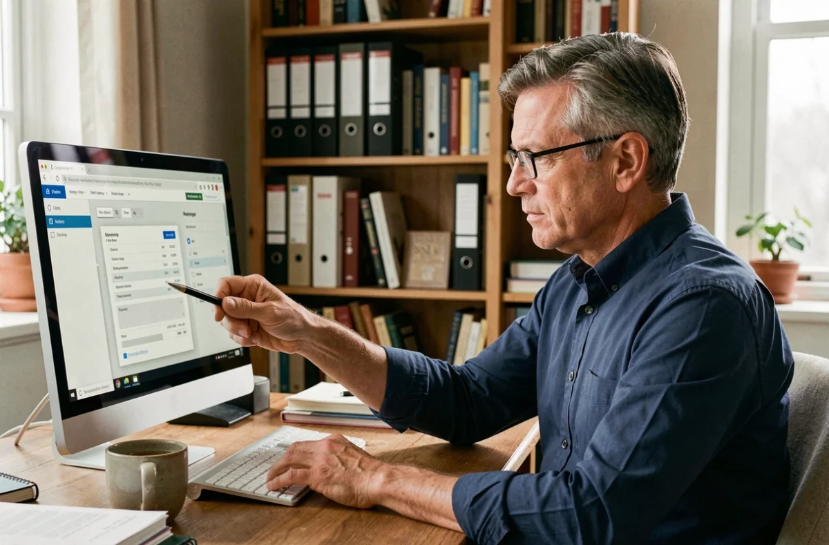 Homme consultant ses bulletins de salaire en ligne sur un ordinateur de bureau à domicile