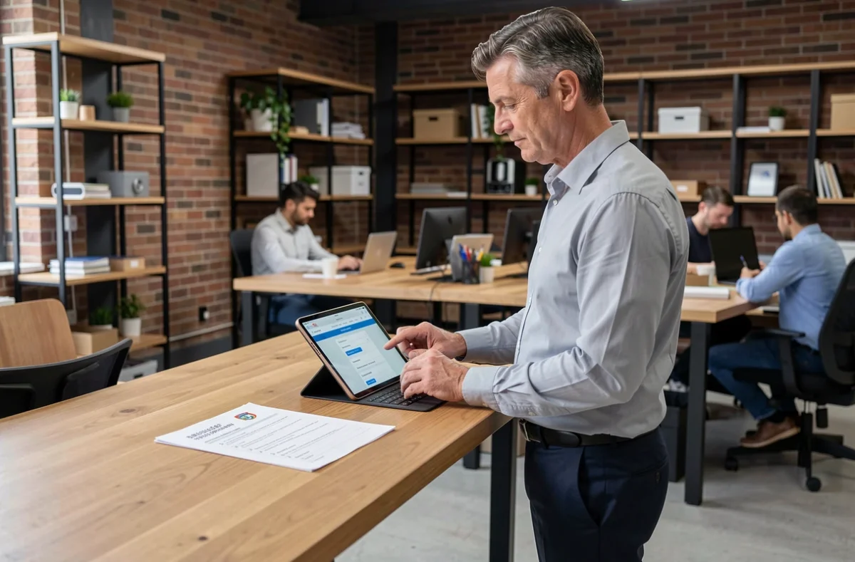 Agent contractuel de la fonction publique consultant un portail officiel pour créer sa micro-entreprise dans un espace coworking